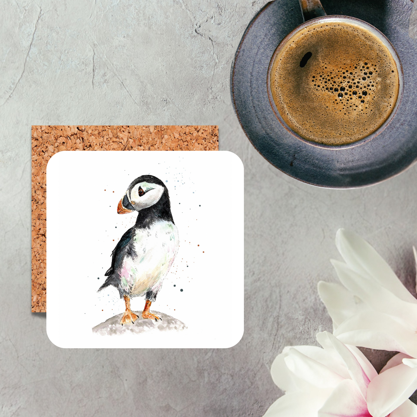 Watercolour Puffin on a Rock Coaster