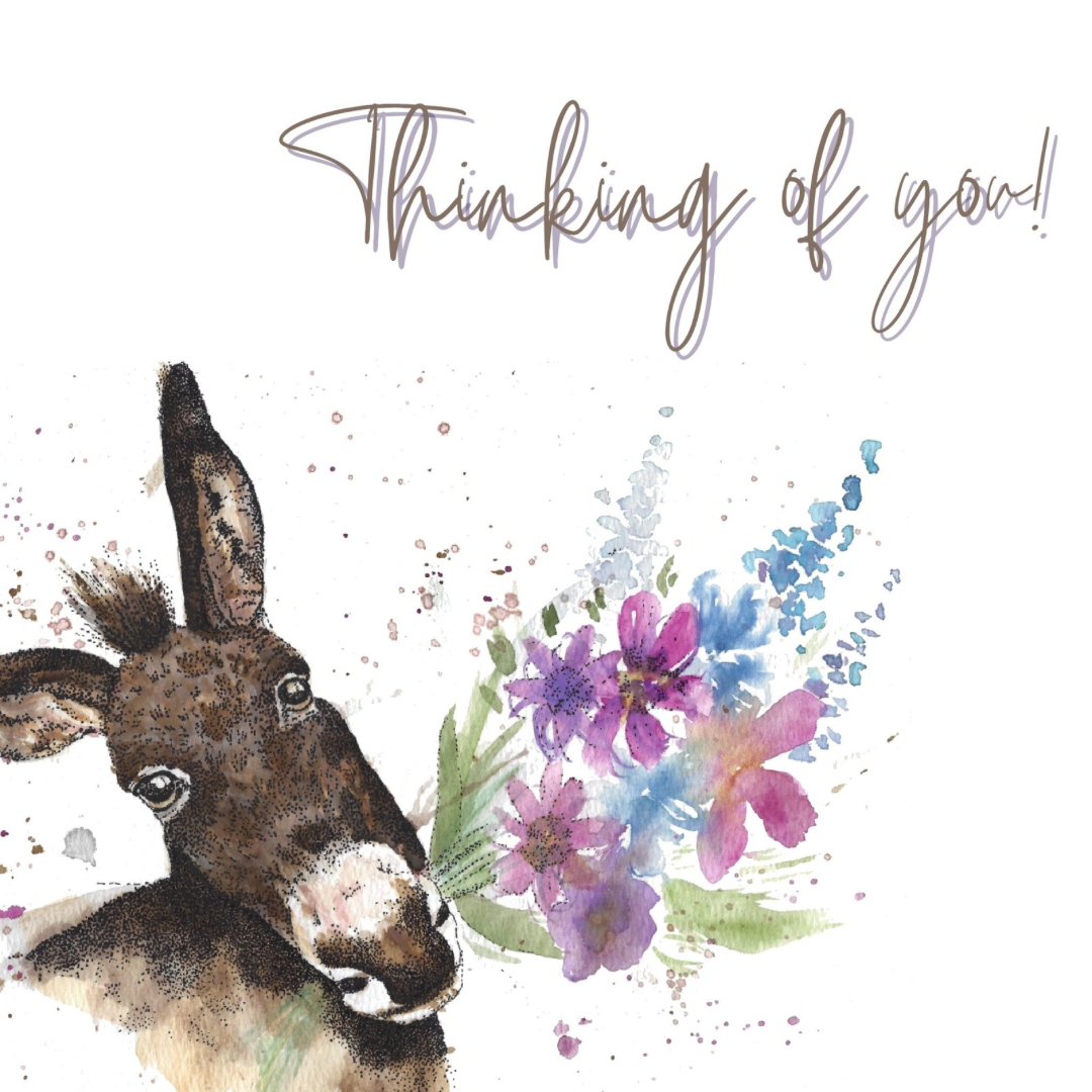 Thinking Of You Greeting Card - Watercolour Donkey with Flowers