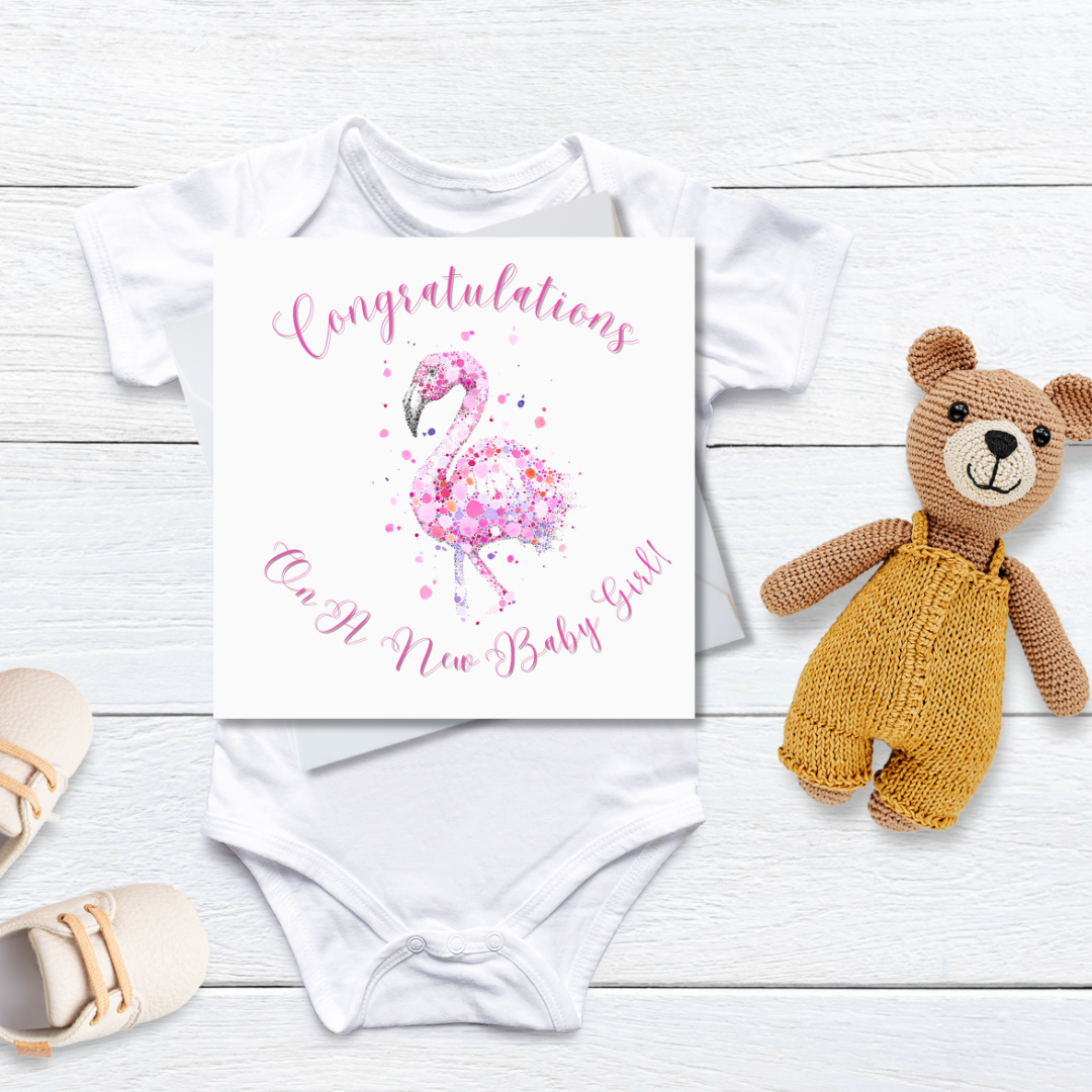 Congratulations On a New Baby Girl Watercolour Flamingo Card