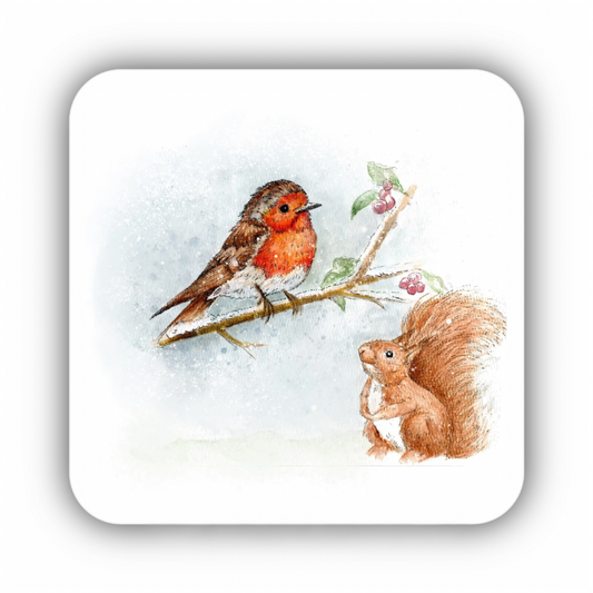 Robin and Squirrel Watercolour Coaster