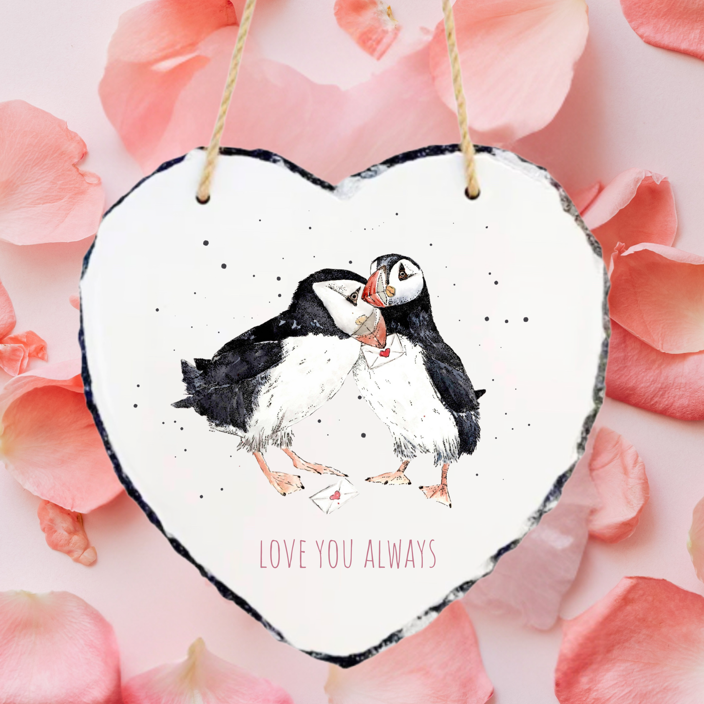 Puffins Love Letter Rock Hanging Slate