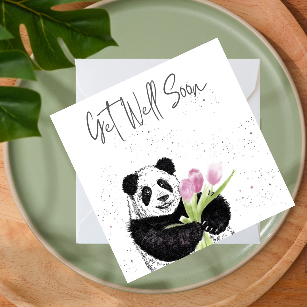 Get Well Soon Greeting Card - Panda with Flowers