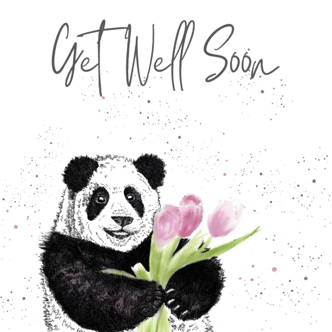 Get Well Soon Greeting Card - Panda with Flowers