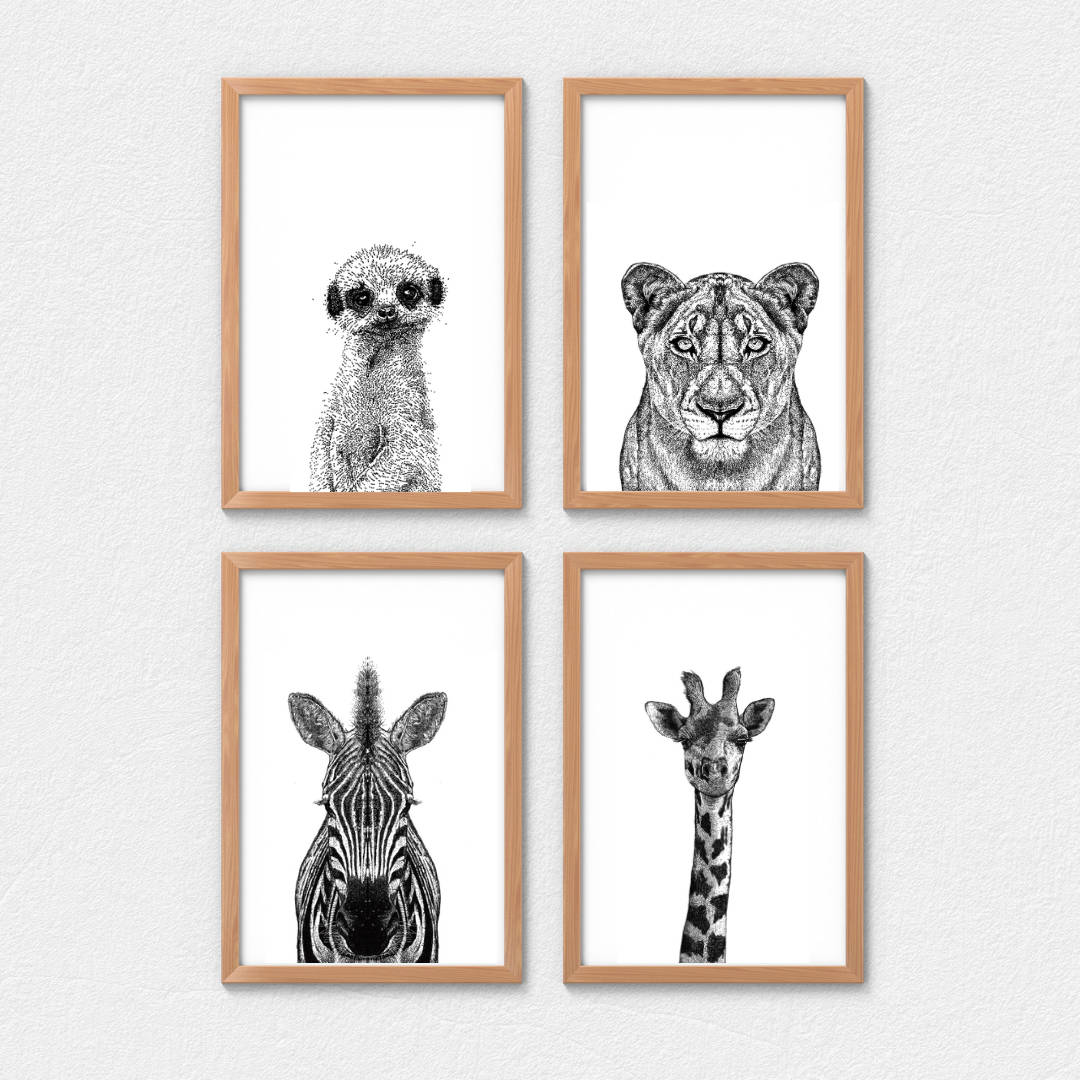 Safari Serenade: 3-Piece Art Print Set Featuring Lioness, Meerkat, Zebra, and Giraffe