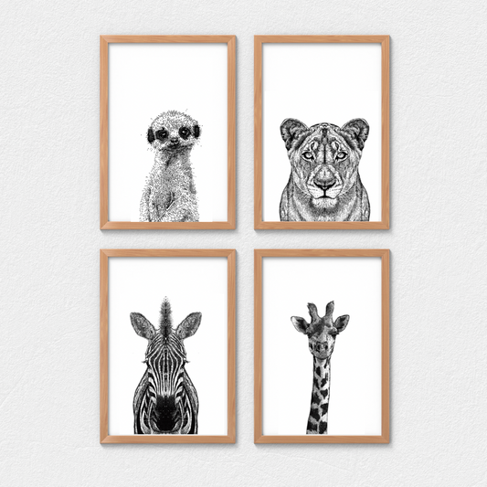 Safari Serenade: 3-Piece Art Print Set Featuring Lioness, Meerkat, Zebra, and Giraffe