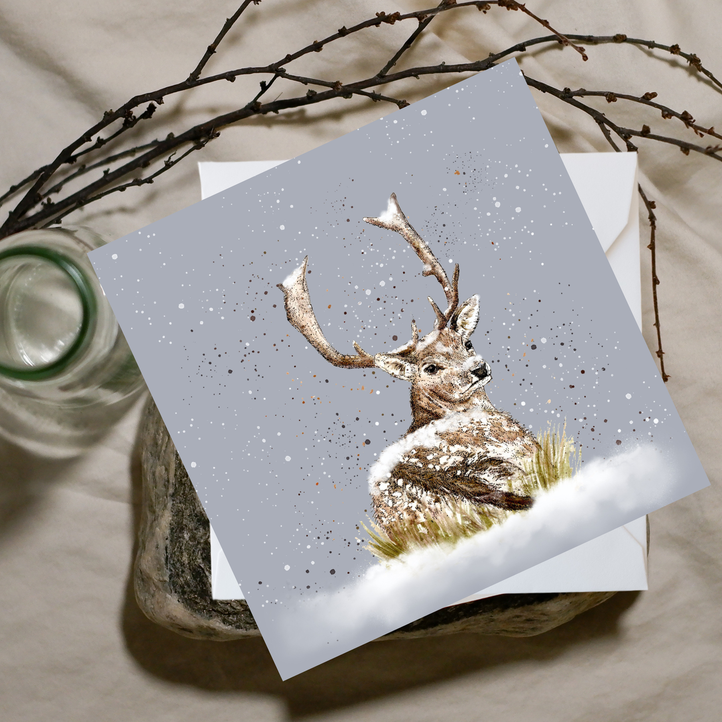Watercolour Stag In Snow Card