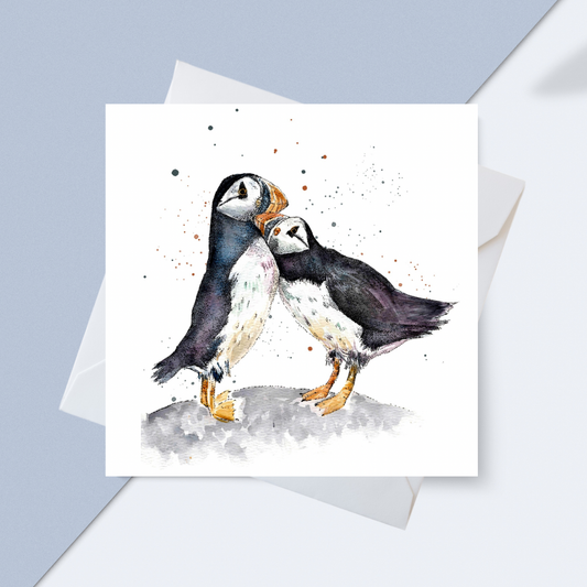Watercolour Puffins Kissing Card