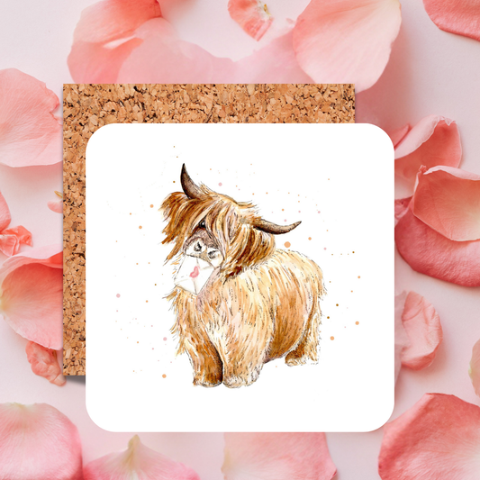 Watercolour Highland Cow Love Letter Coaster