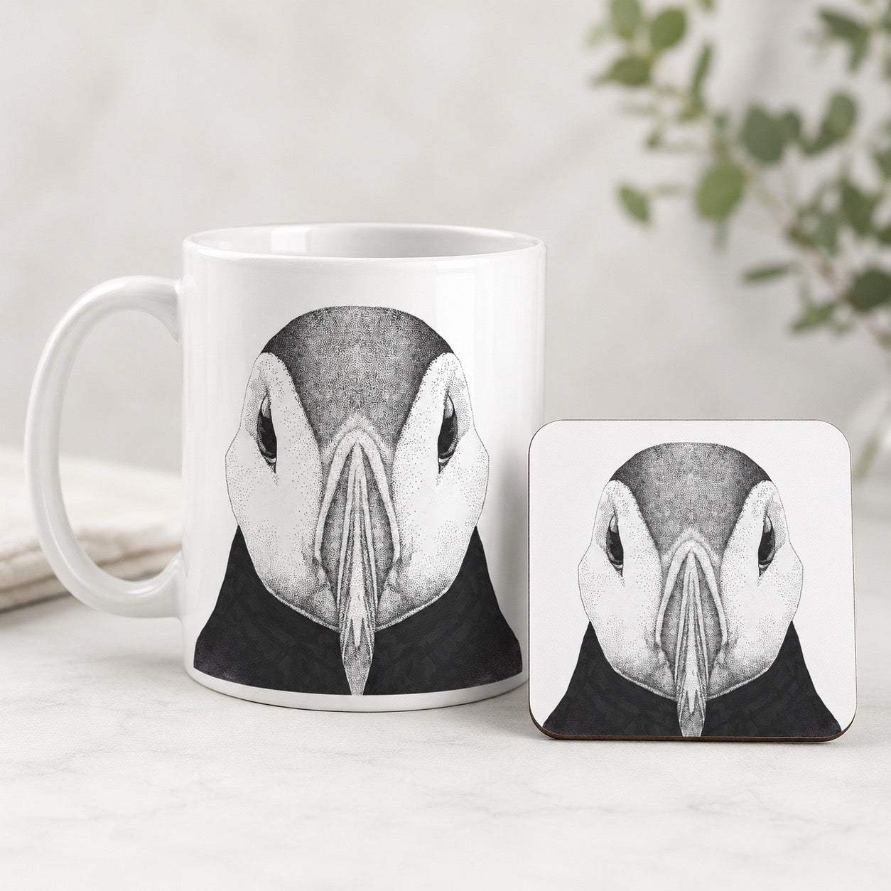 Black and White Puffin Bone China Mug