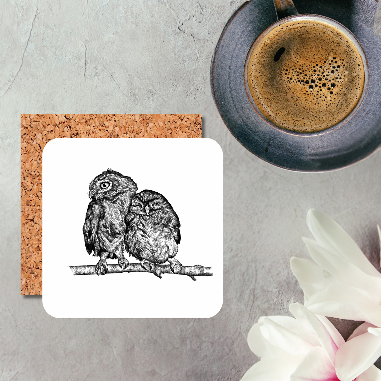 Black & White Owls Cuddling Coaster