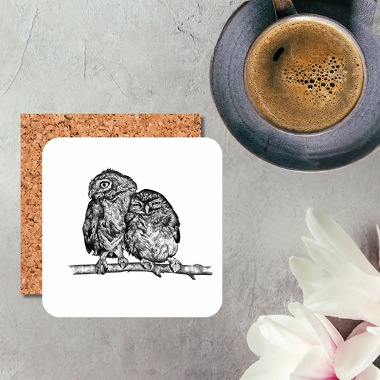 Black & White Owls Cuddling Coaster