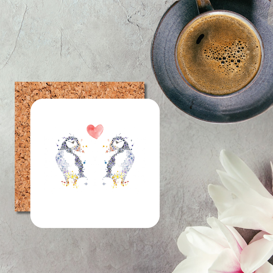 Watercolour Puffin In Love Coaster