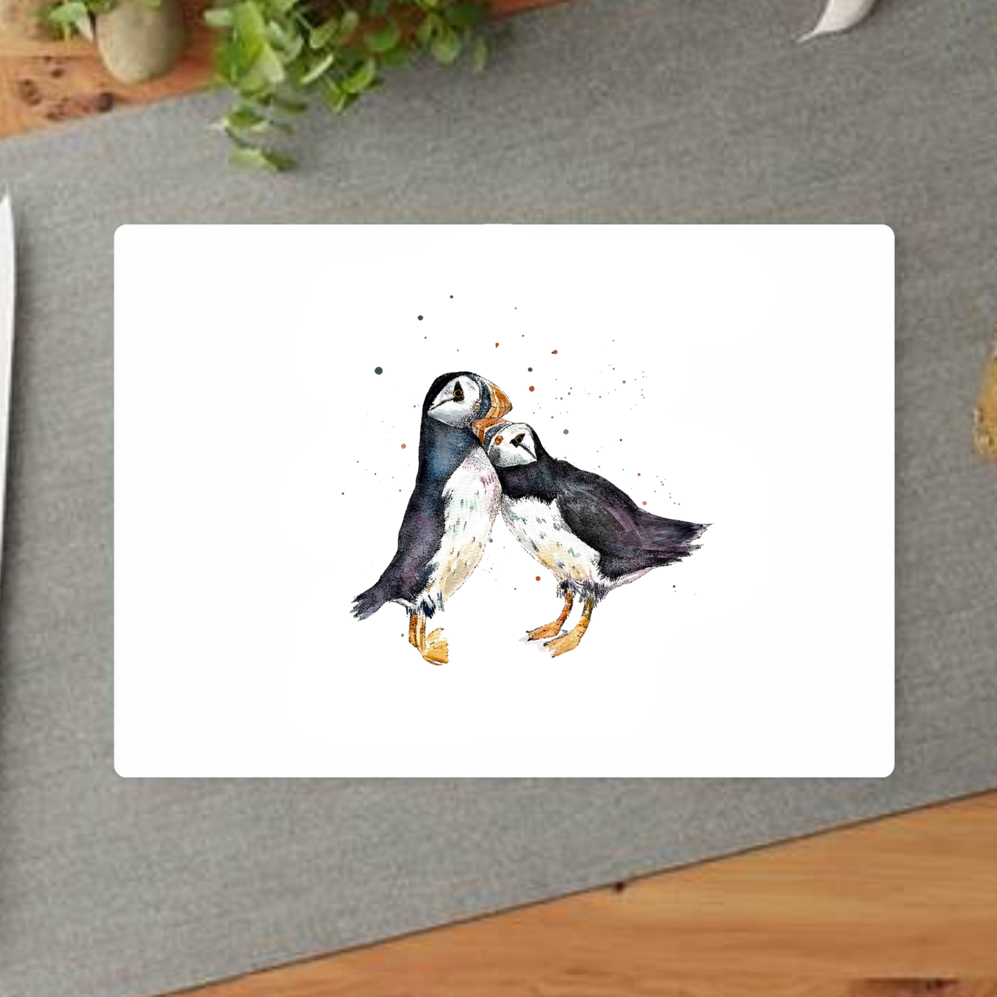 Watercolour Puffin Kissing Decorative Chopping Board