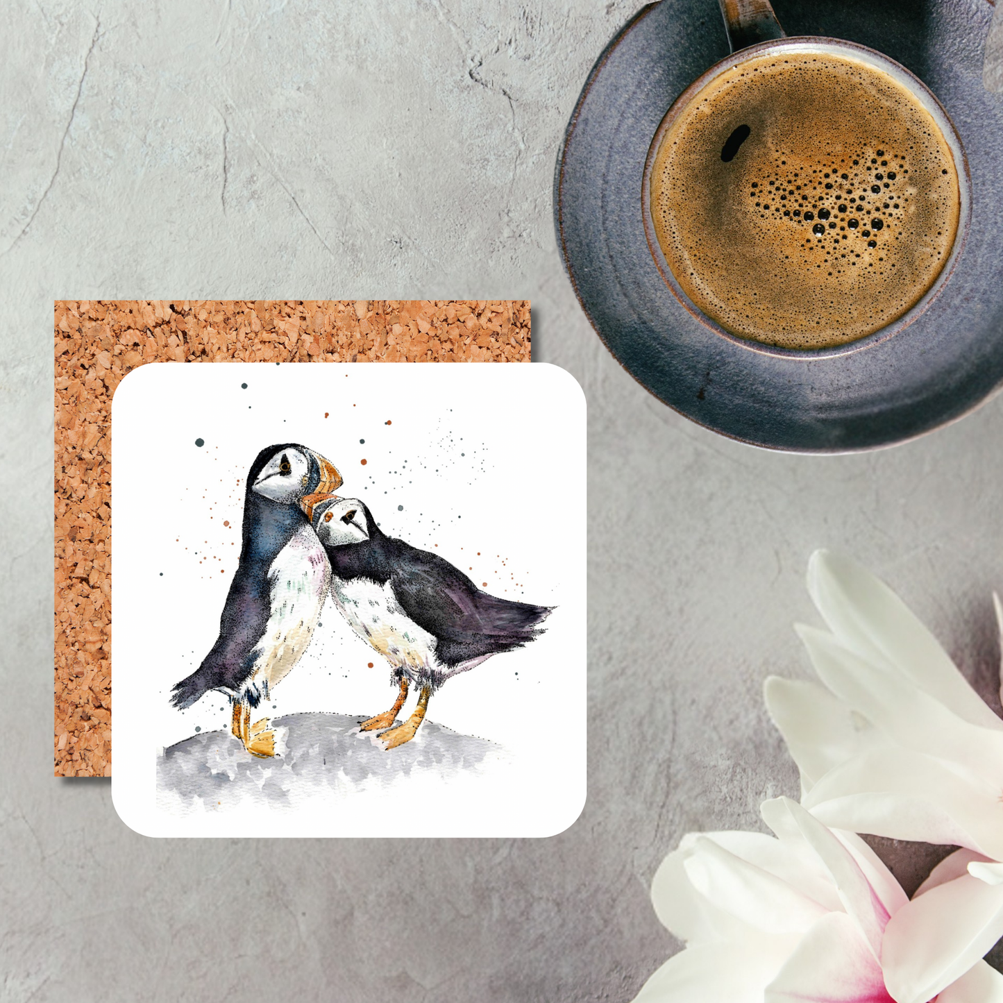 Watercolour Puffin Kissing Coaster
