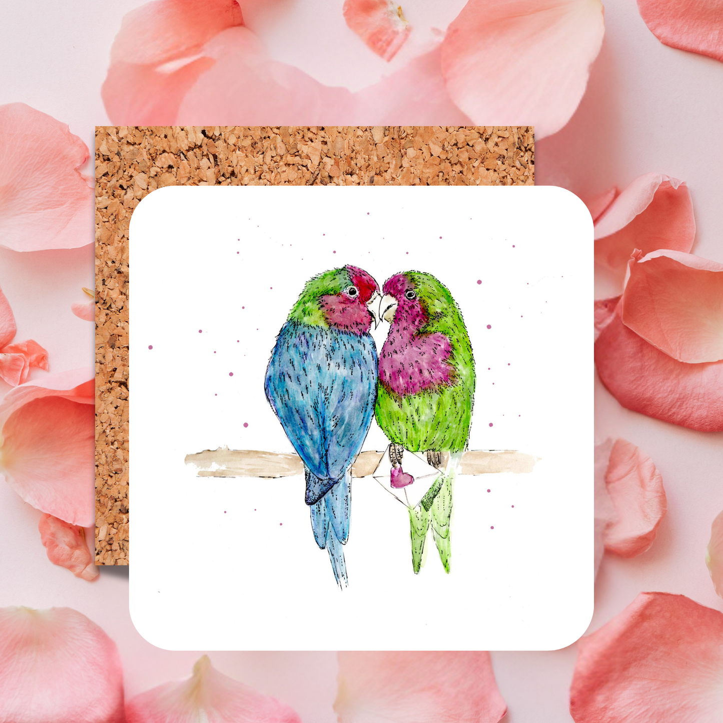 Watercolour Lovebirds Love Letter Coaster