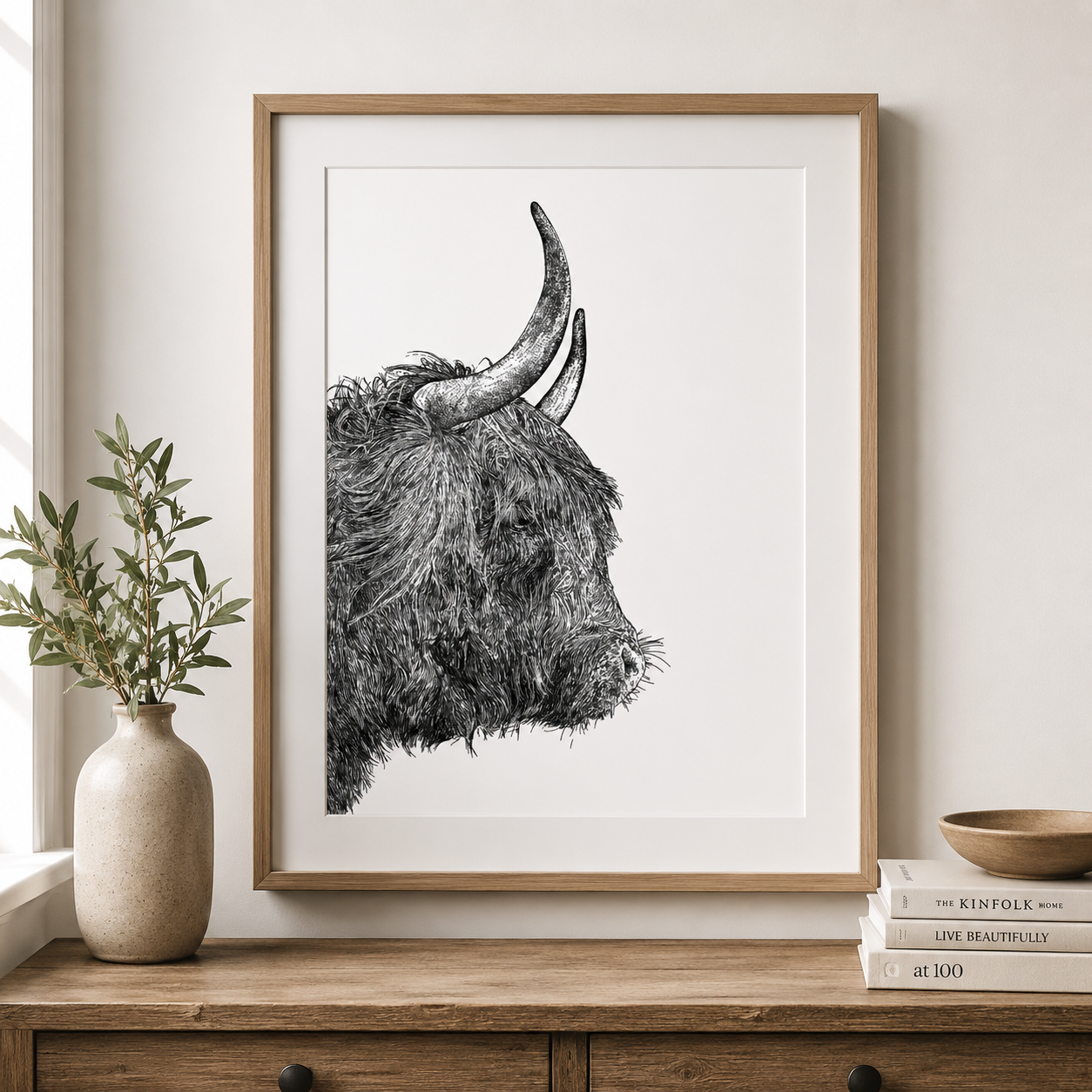 Highland Cow Black & White Print