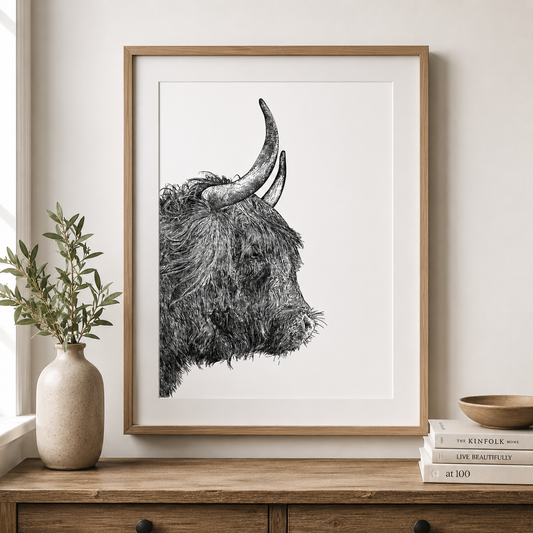Highland Cow Black & White Print