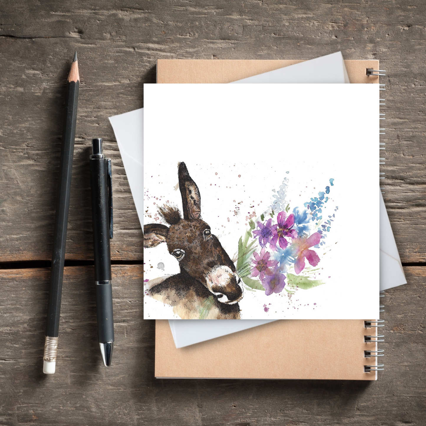 Watercolour Donkey with Flowers Card
