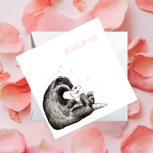 Watercolour Badger – All My Love Card