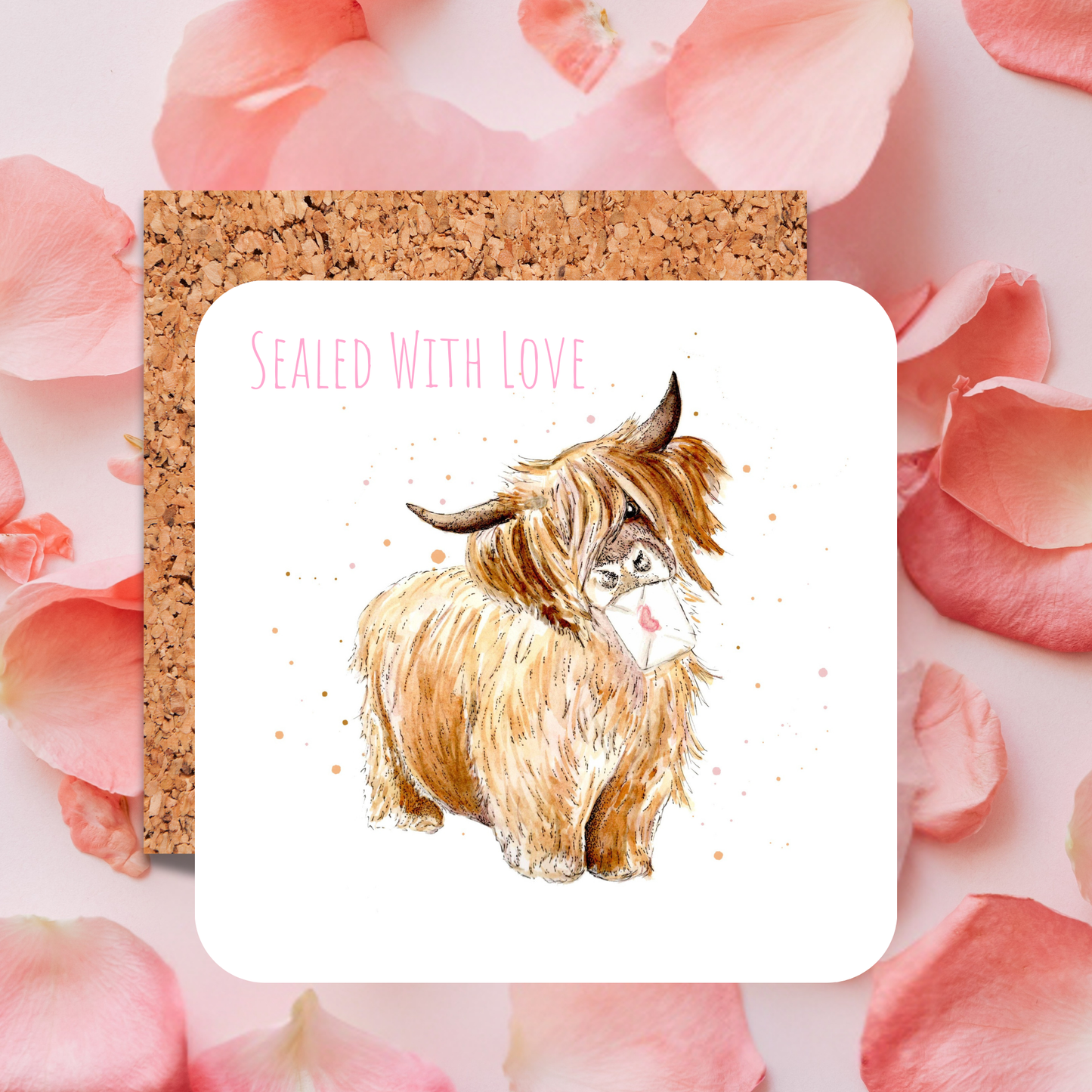 Watercolour Highland Cow Love Letter Coaster