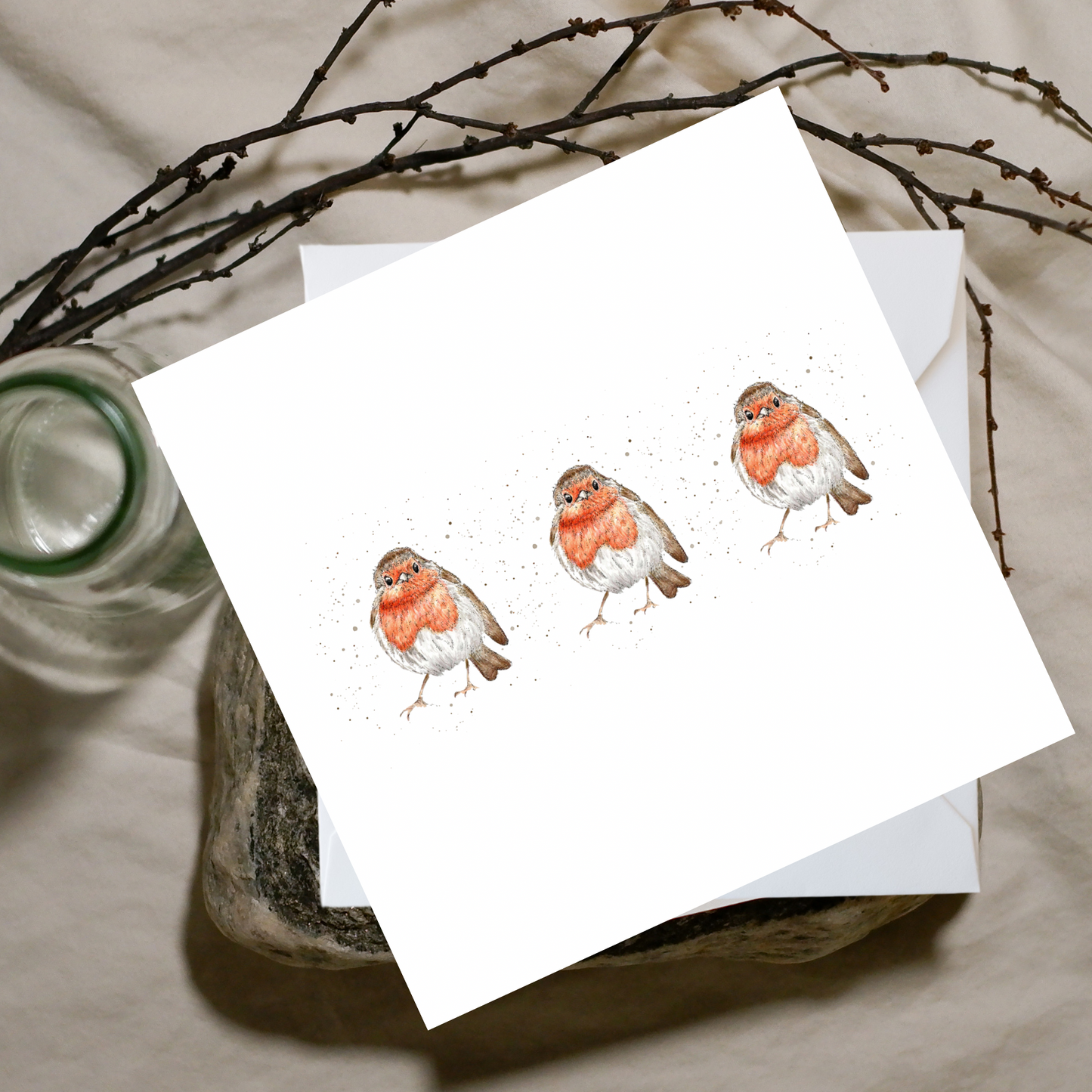 Three Watercolour Robin Red Breast Card