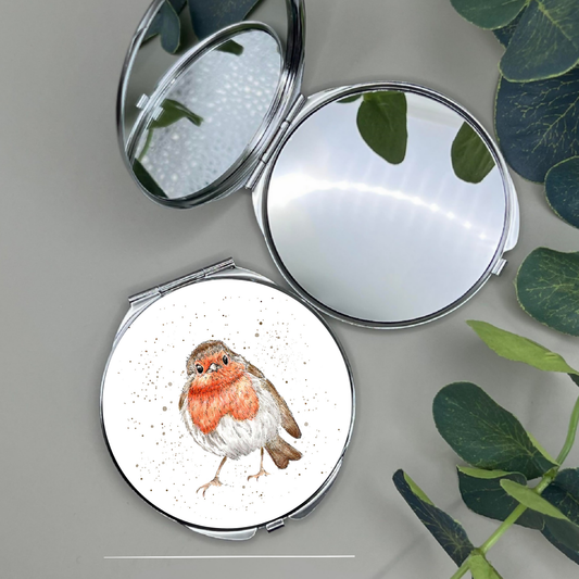 Robin Compact Mirror – Hand-Illustrated Animal Design | Dots Allowed Travel Makeup Mirror