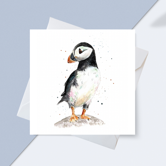 Watercolour Puffin on a Rock Card