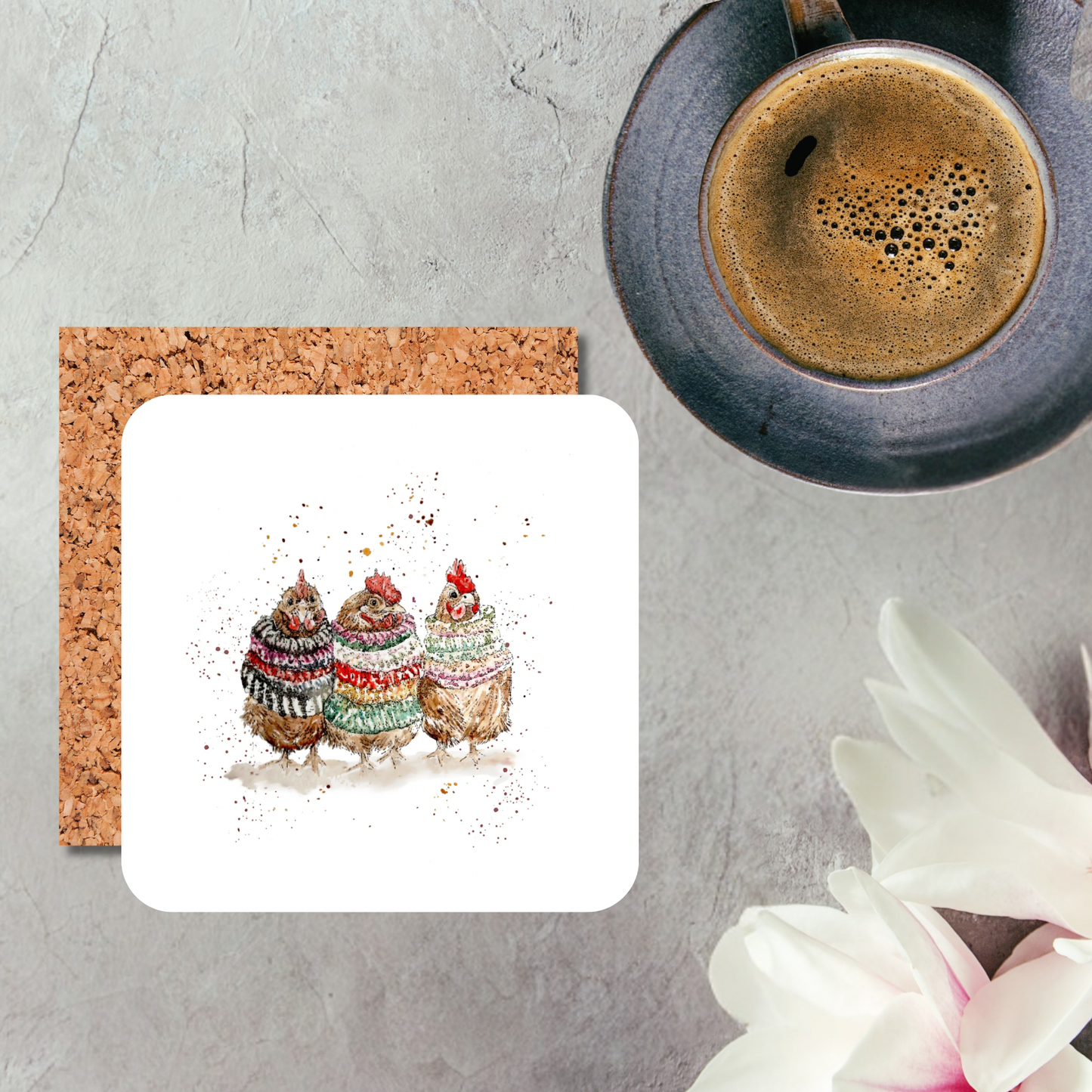 Watercolour Chicken Knitted Companions Coaster