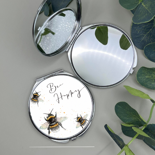Bee Happy Compact Mirror – Hand-Illustrated Animal Design | Dots Allowed Travel Makeup Mirror