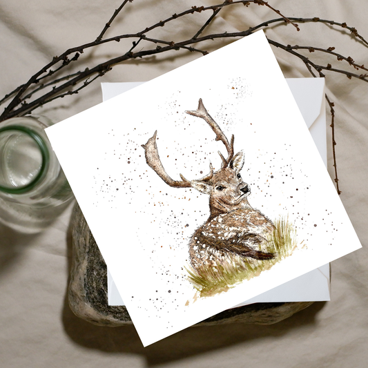 Watercolour Stag In Snow Card