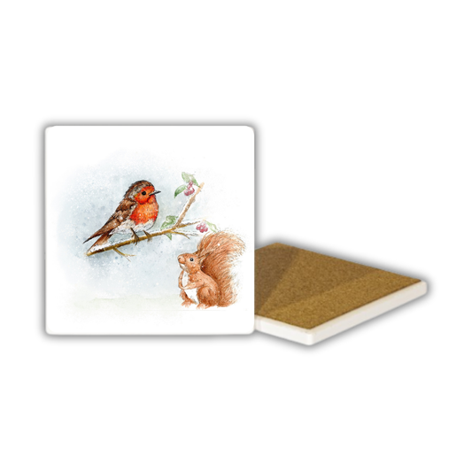 Robin and Squirrel Watercolour Ceramic Coaster