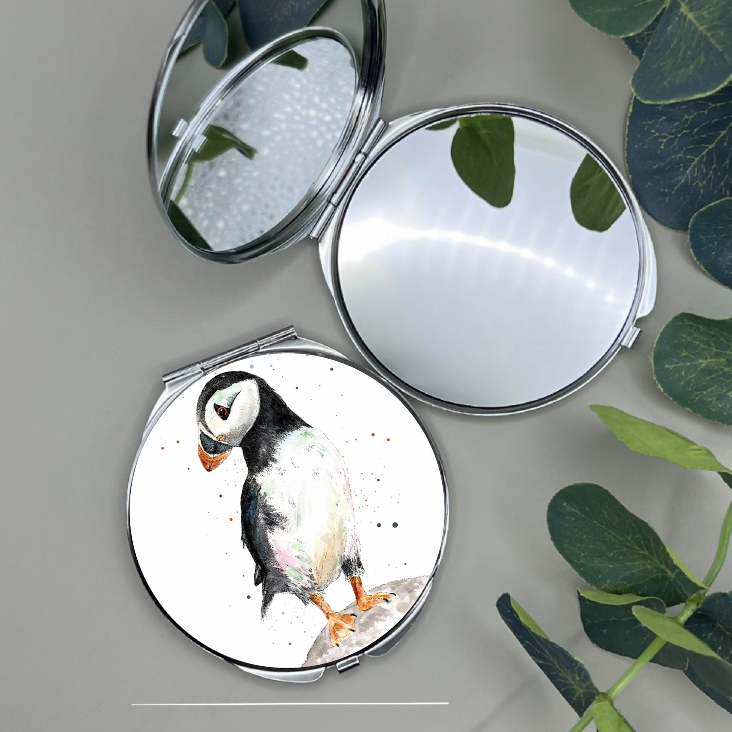 Puffin Compact Mirror – Hand-Illustrated Animal Design | Dots Allowed Travel Makeup Mirror