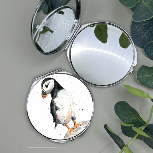 Puffin Compact Mirror – Hand-Illustrated Animal Design | Dots Allowed Travel Makeup Mirror