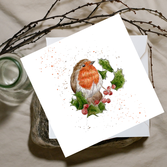 Robin on Holly Card