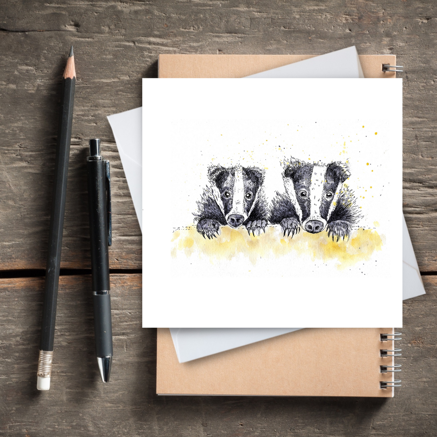 Watercolour Badgers Card